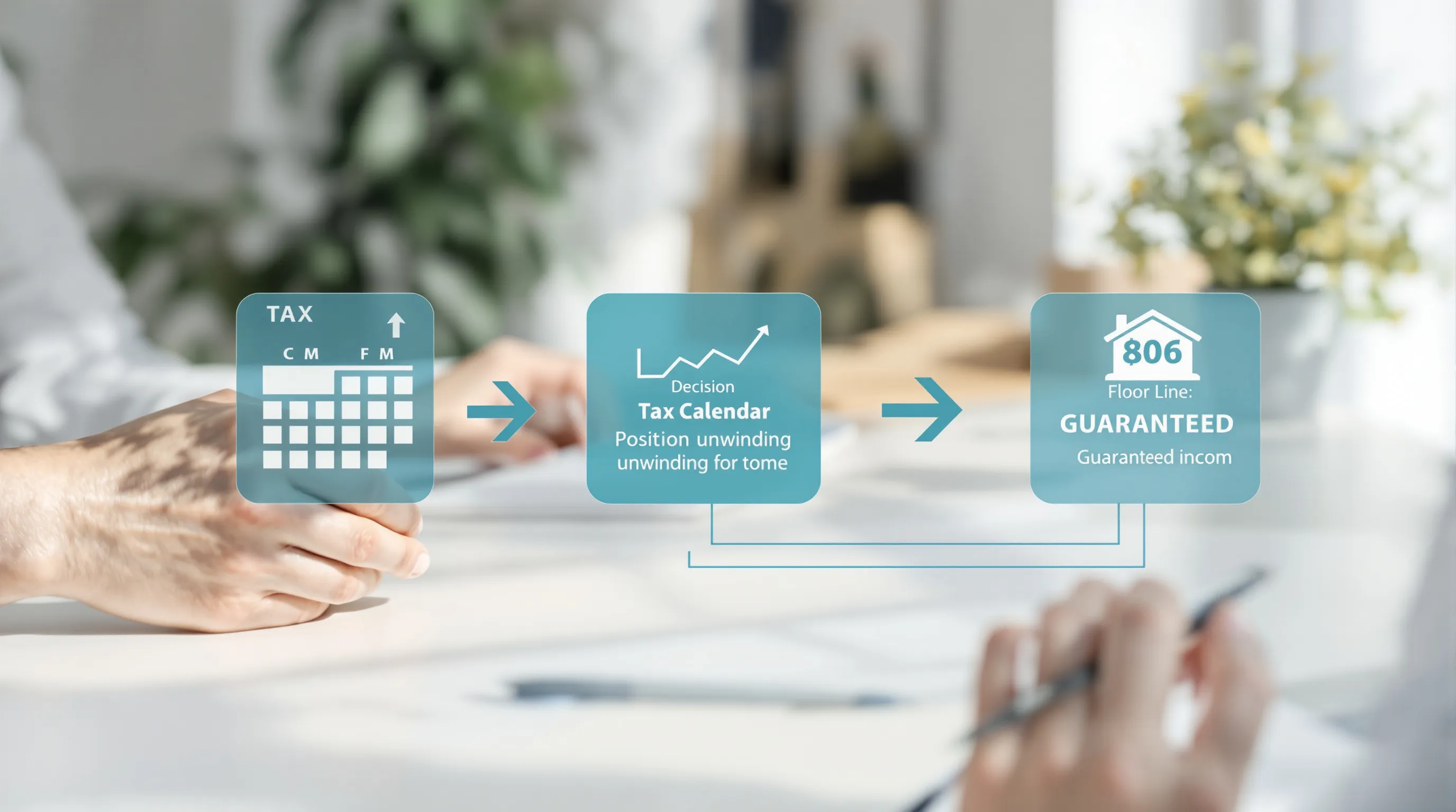 Three interconnected decision nodes illustrated as a clean minimalist scene: tax calendar, an arrow showing a position unwinding over time, and a floor line indicating guaranteed income