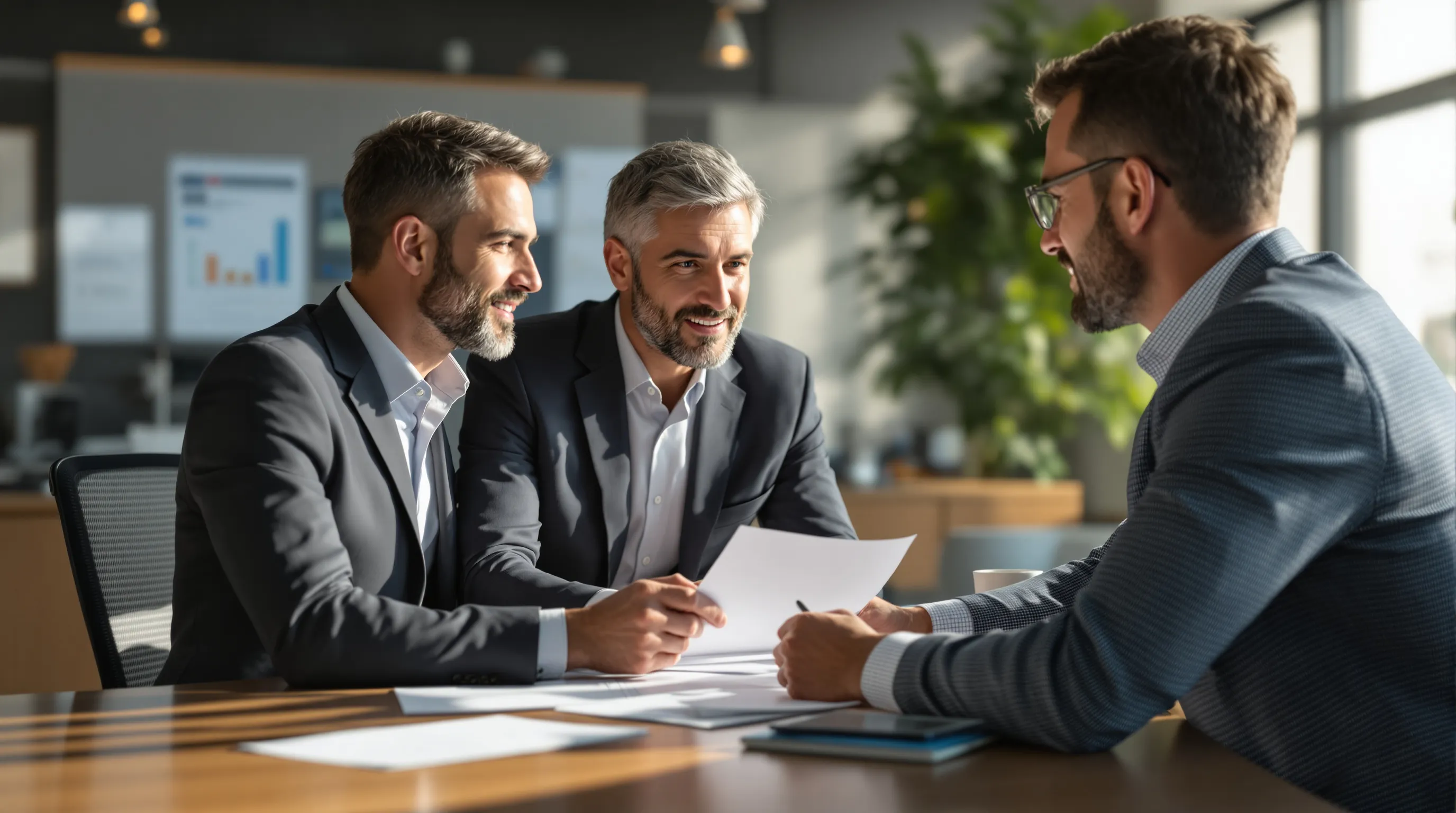 A financial advisor and client in a professional office setting, seated across a table reviewing financial documents together, warm natural light, analysis and data visible on a laptop screen in the background but the