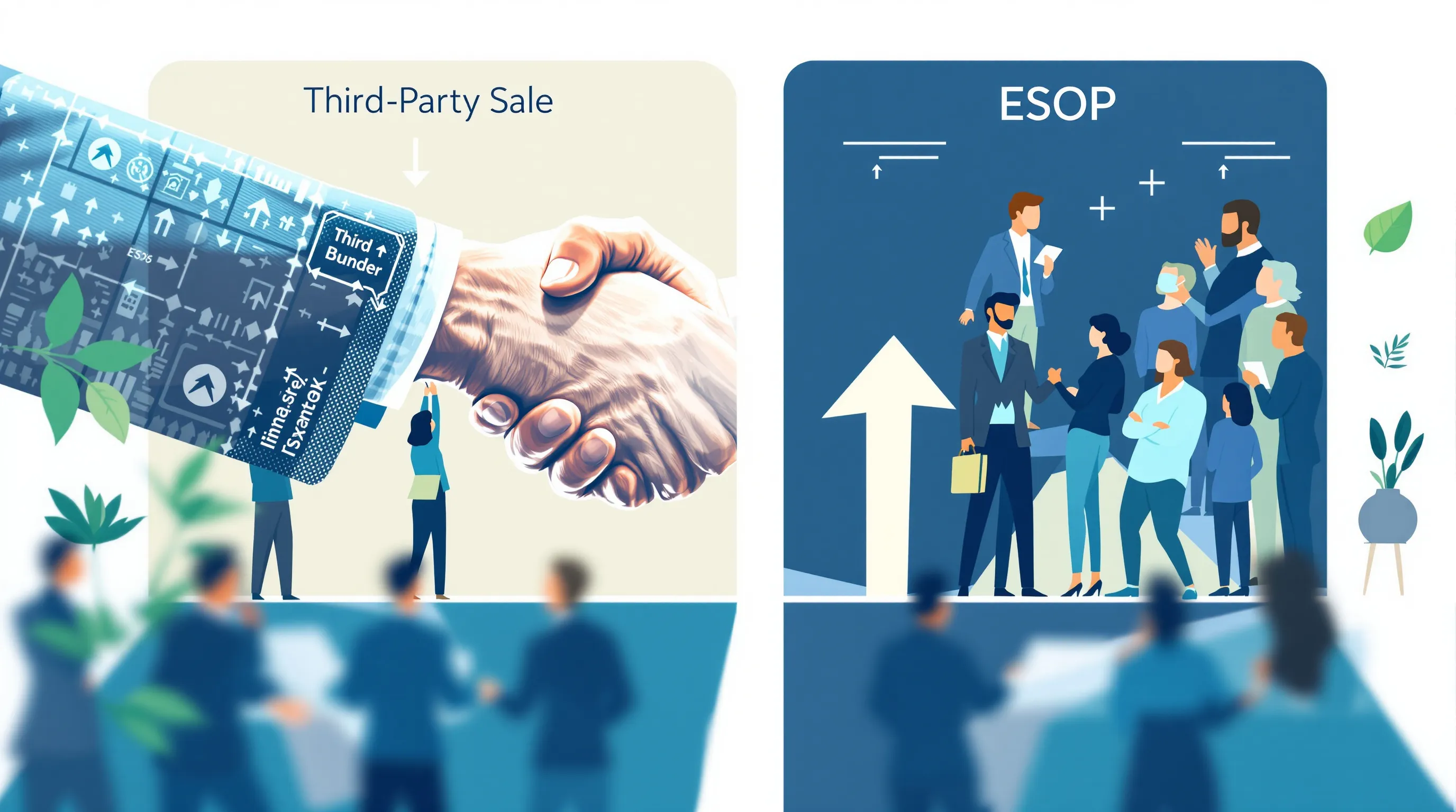Two exit paths illustrated: ESOP vs third-party sale tax outcomes