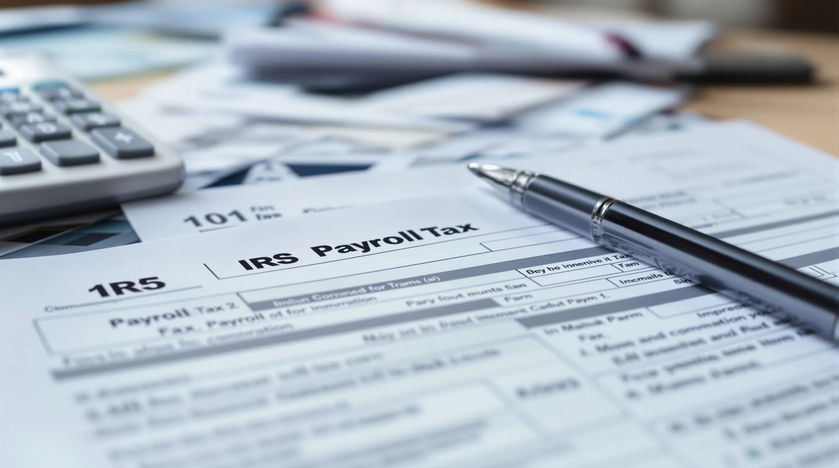 Tax documents and IRS forms on a desk with a pen and calculator, representing S-Corp reasonable compensation planning