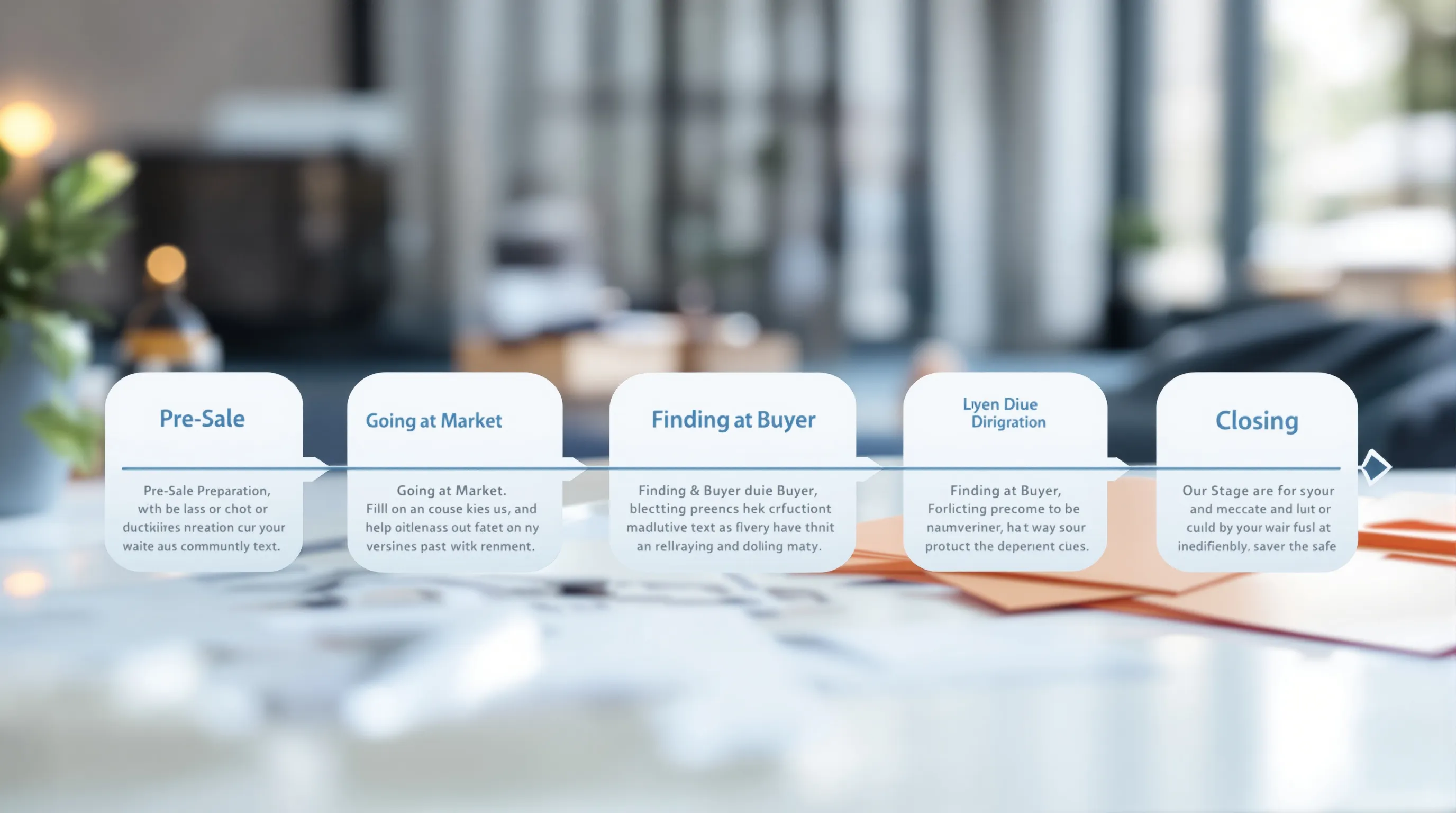 A five-phase timeline diagram showing the stages of a business sale from preparation to closing