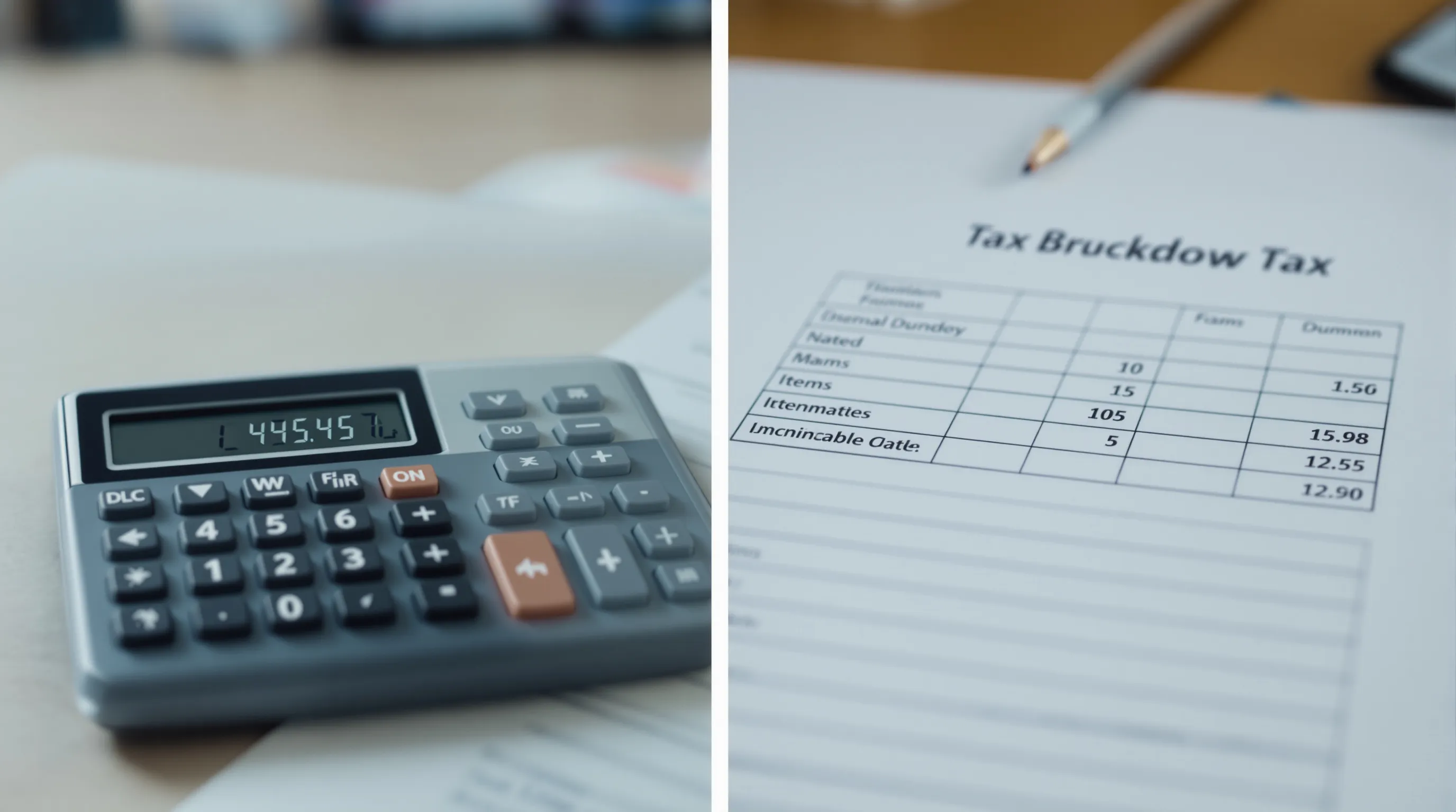 Side-by-side comparison of a simple calculator tax estimate versus a detailed multi-line tax breakdown table showing the actual bill on a business sale