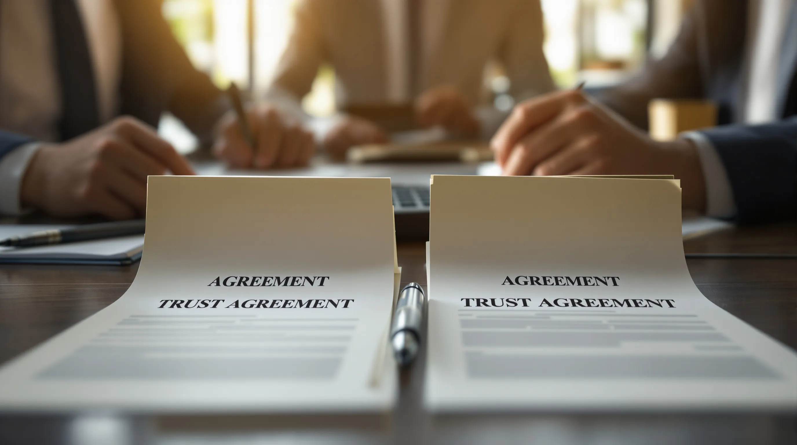 An older trust agreement next to a newly printed revision on a conference table