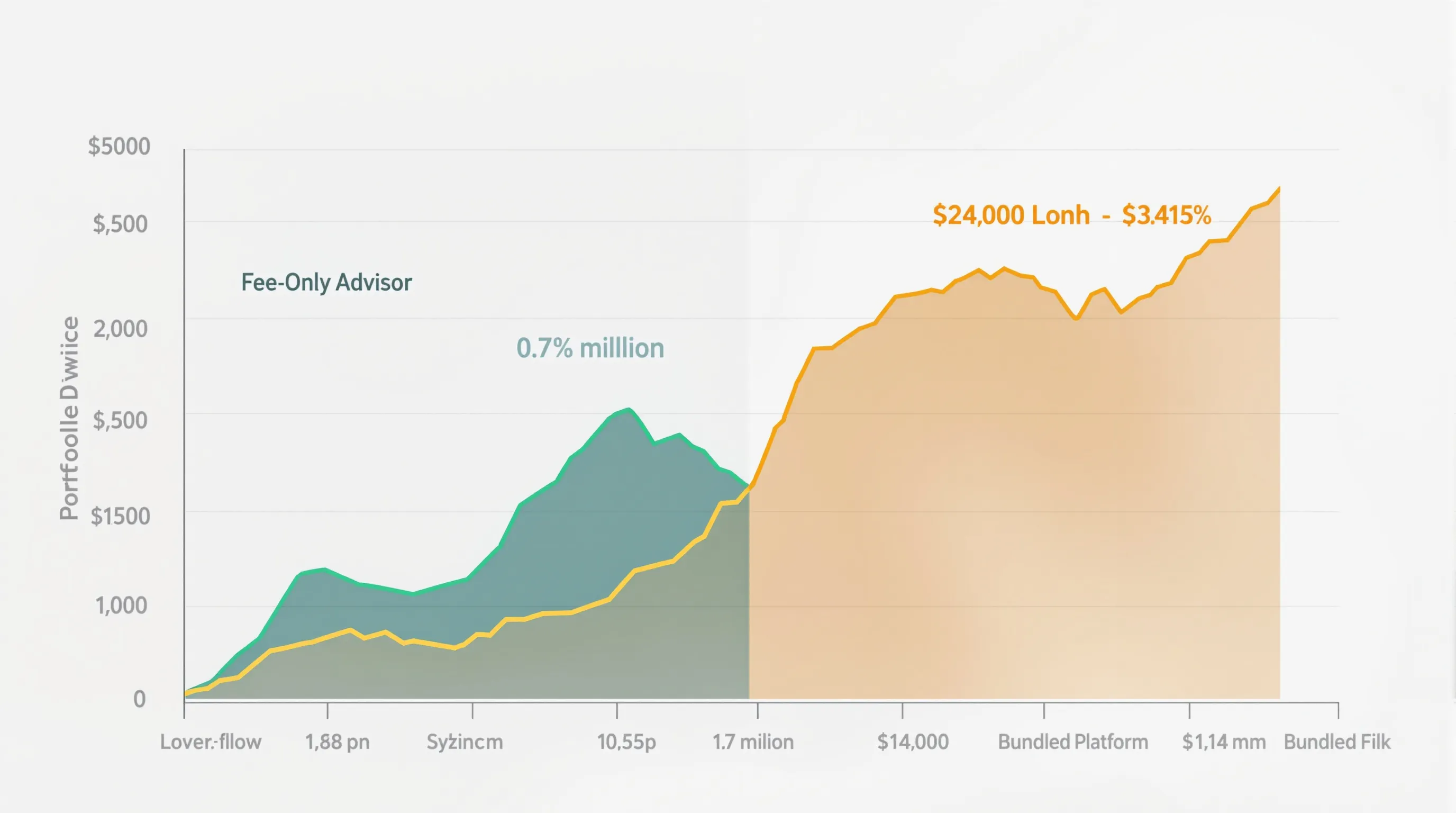 Chart showing ten-year portfolio growth gap between bundled platform fees and fee-only advisor fees on a two million dollar portfolio