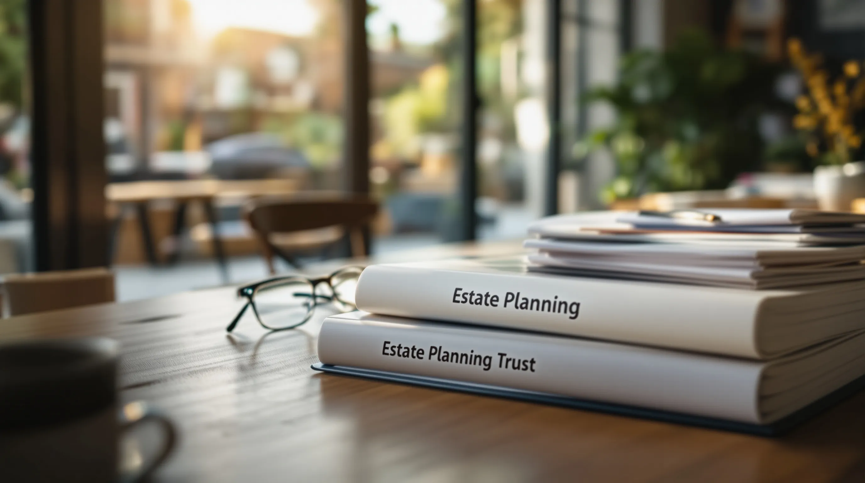 Estate planning binder and trust documents on a business owner