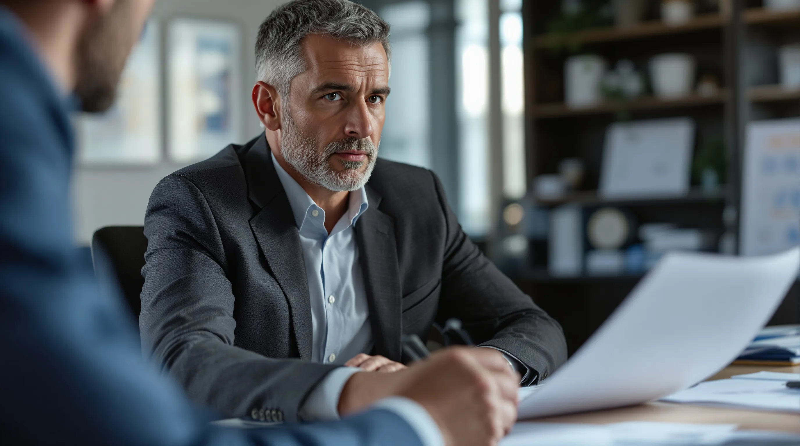 Business owner comparing ESOP and third-party sale exit options at a desk