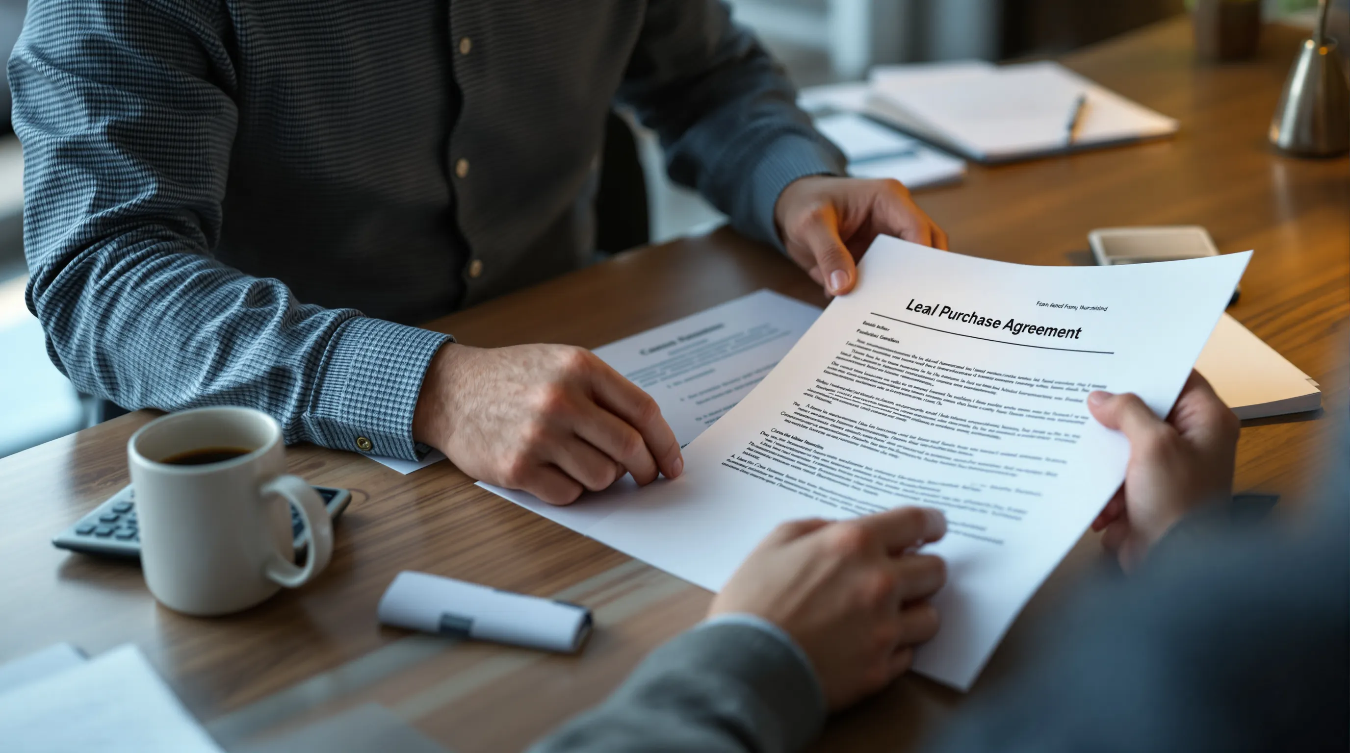 Business owner reviewing a purchase agreement at a desk with financial documents and a calculator, looking carefully at a highlighted clause about working capital