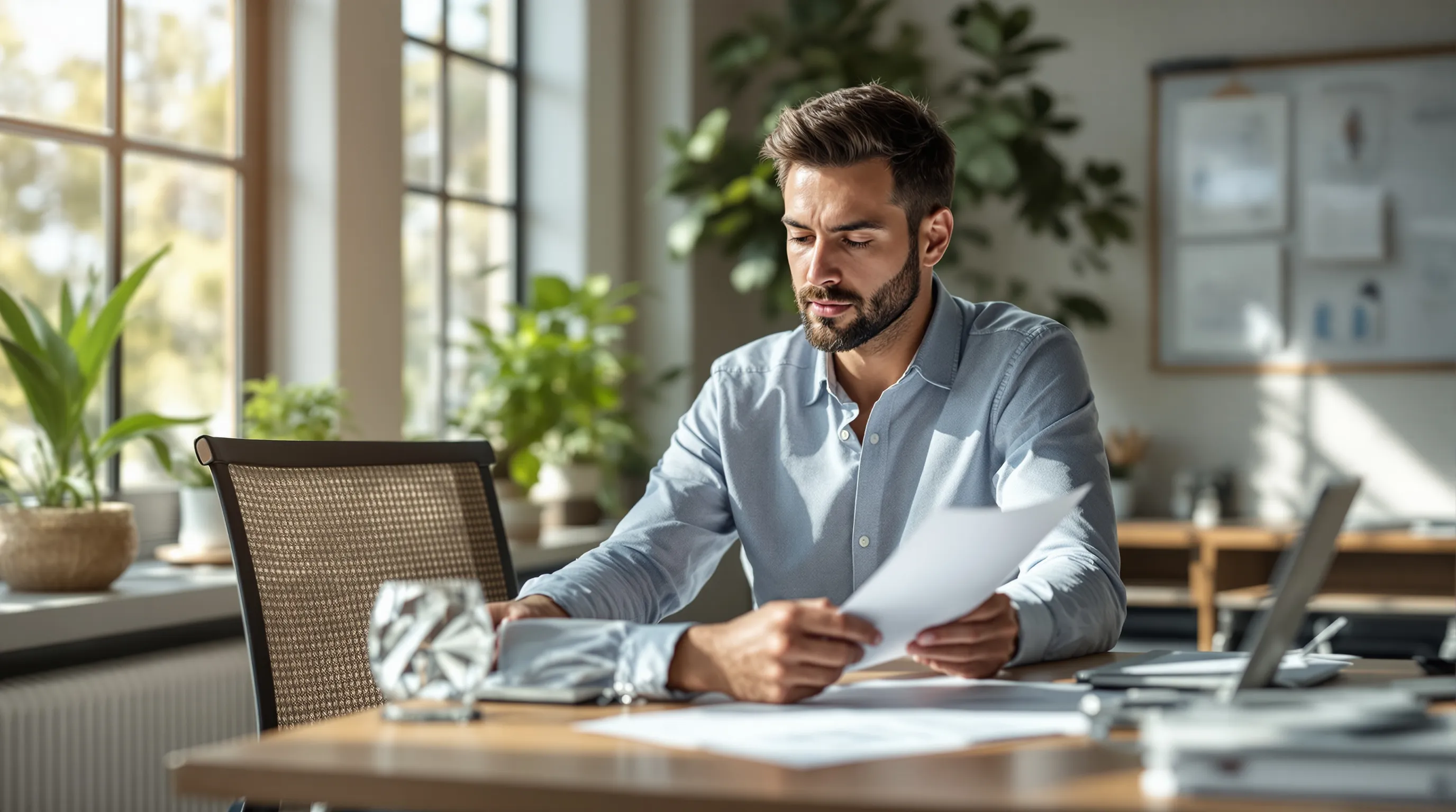 S-Corp owner reviewing salary and compensation documents at a desk with financial charts