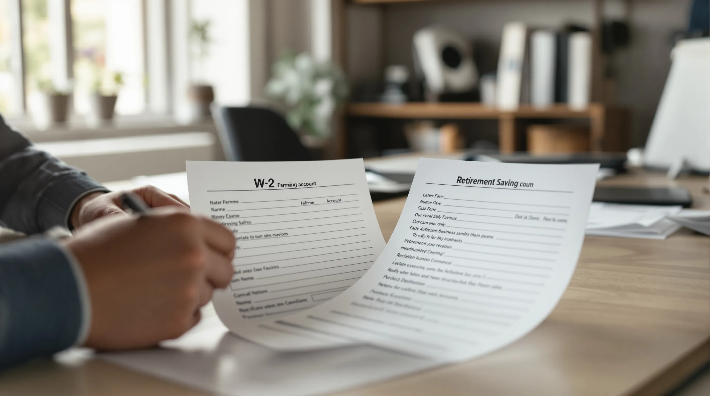 Business owner reviewing W-2 salary document and retirement account statement side by side