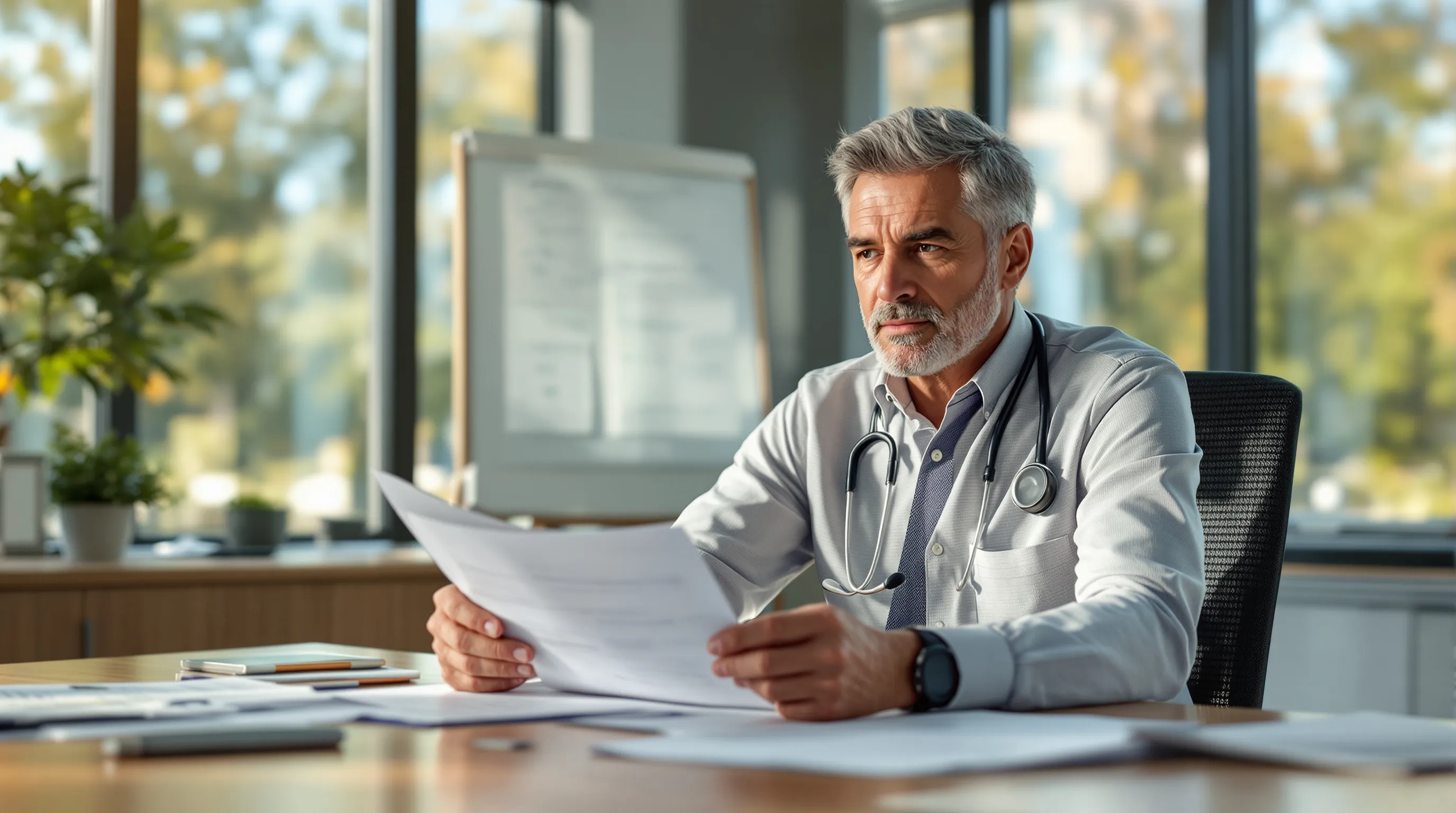Physician reviewing practice sale and retirement financial documents at a modern office desk