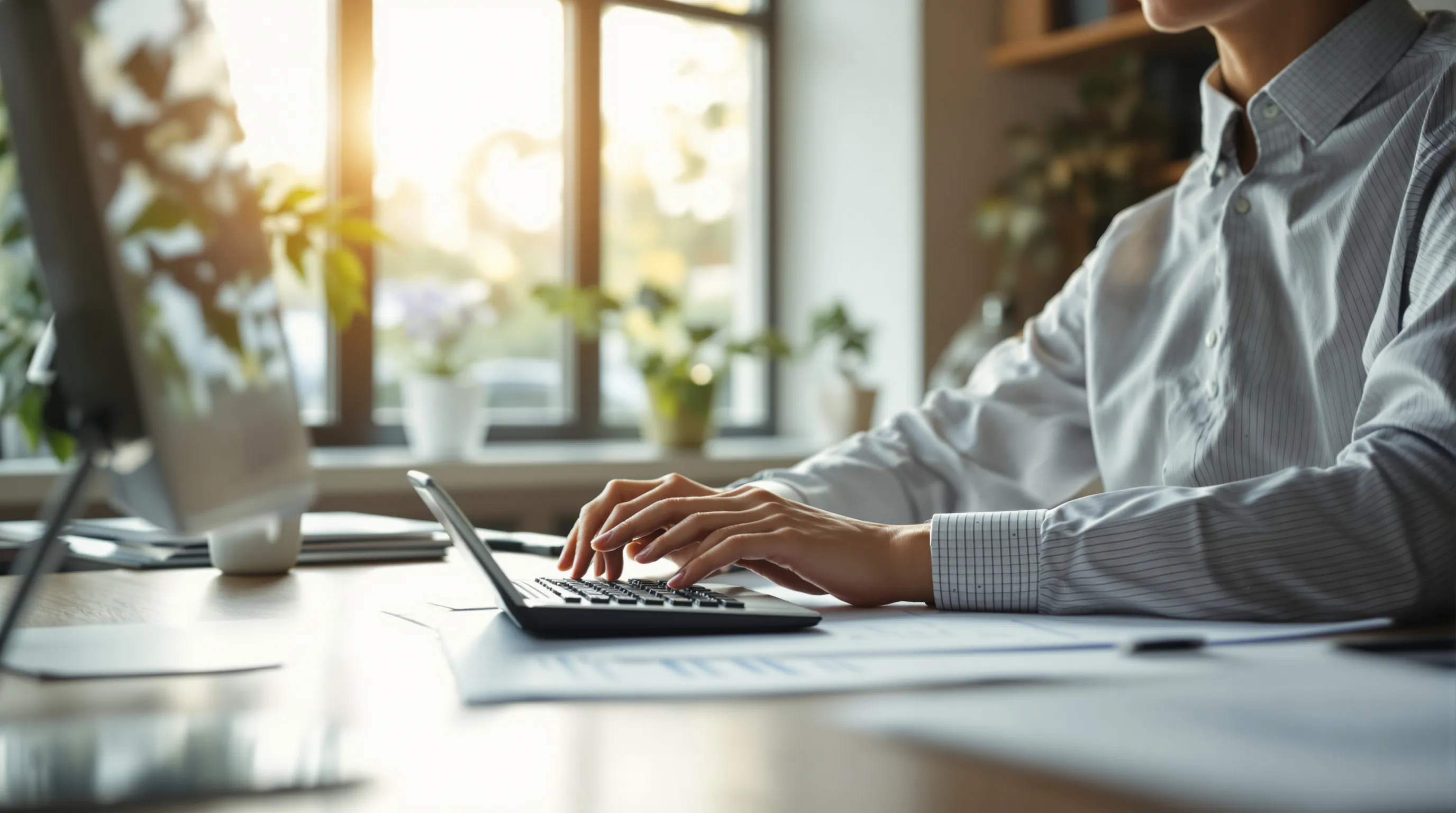 Business owner reviewing tax planning documents at a desk with a calculator showing estimated sale proceeds