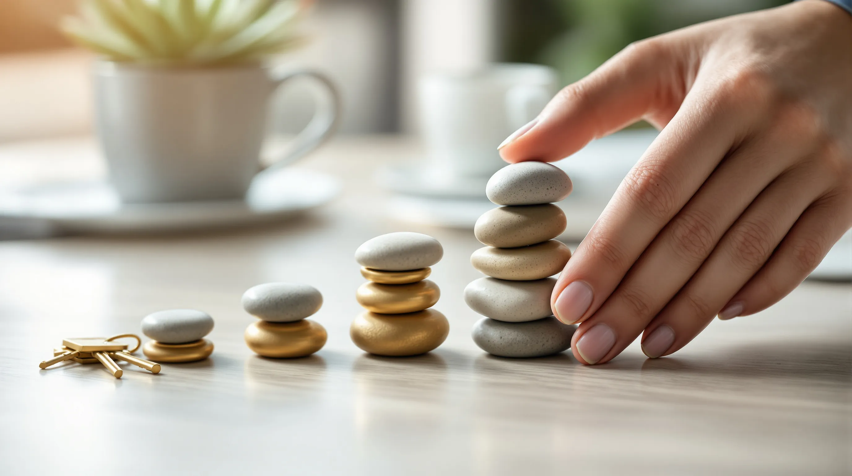 Photorealistic close-up of a person's hands stacking a row of small brass keys and smooth river stones on an office desk, each stone set slightly higher than the last like the steps of a staircase, beside a potted
