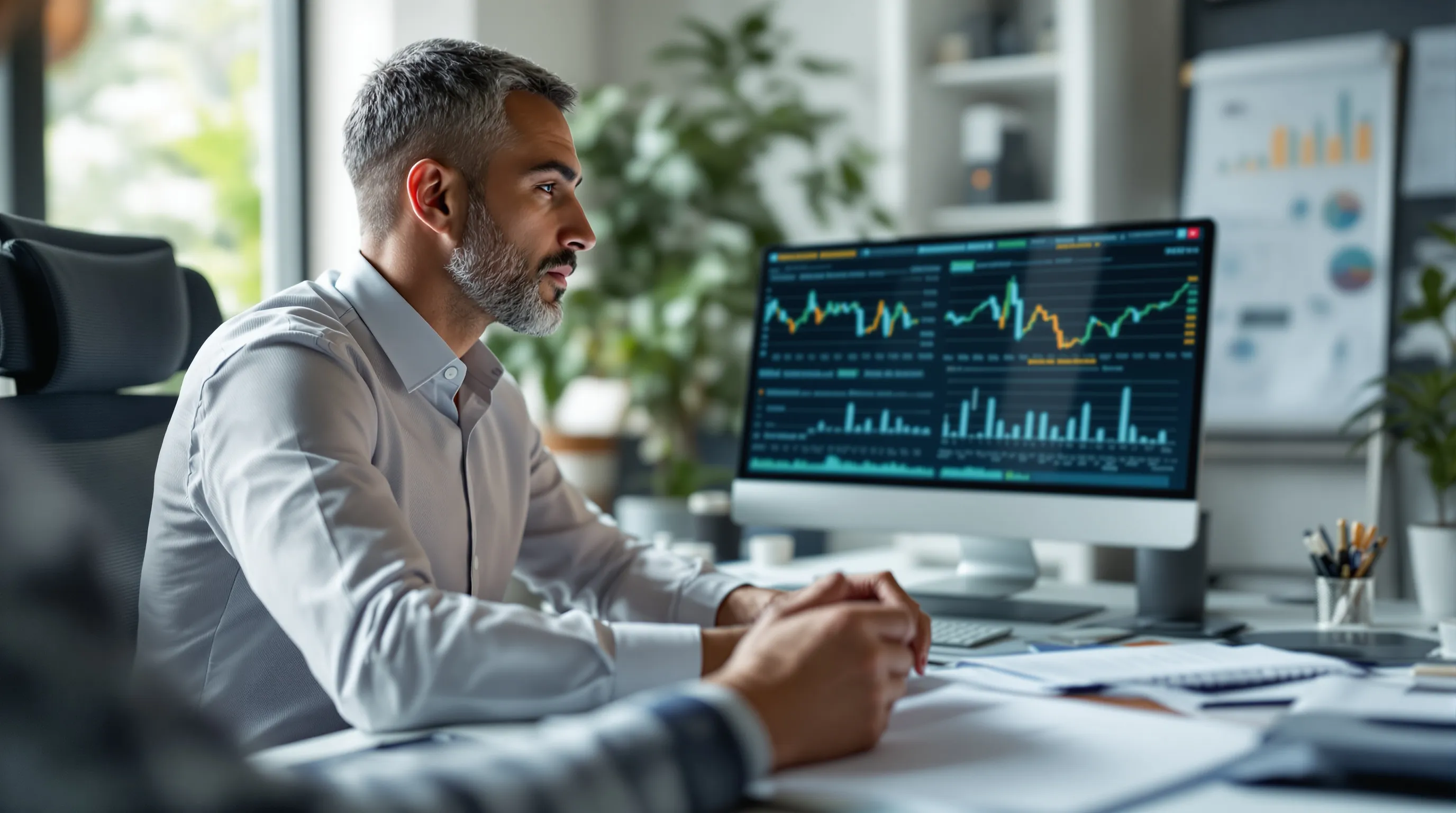 Financial advisor reviewing a linked sale-to-retirement projection before a business sale closes